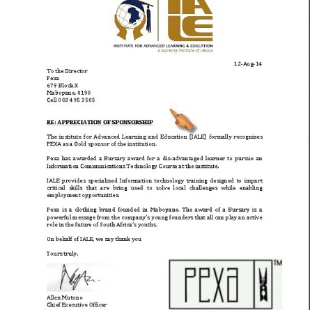 This is what I mean when I say put People before Profit. In their first 3 months Pexa Brand is already offering bursaries.